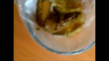Girl defecating on a dish