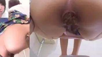 Asian girl in a skirt poops in the toilet