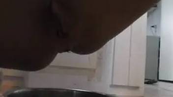 Girl pooping in a pan to cook breakfast