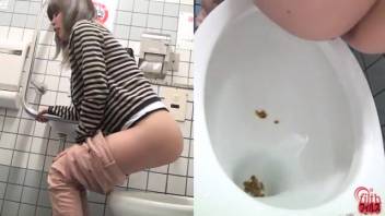 Oriental female defecating in a communal restroom