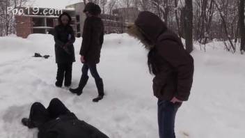 Females defecate into a guy's mouth in a snowy park