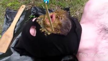 Pair of Russian chicks defecating into a dude's mouth in the woods